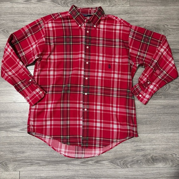 Nautica Men Red Plaid Collared Long Sleeves Button-Down Casual Formal Shirt Sz L - Picture 1 of 16